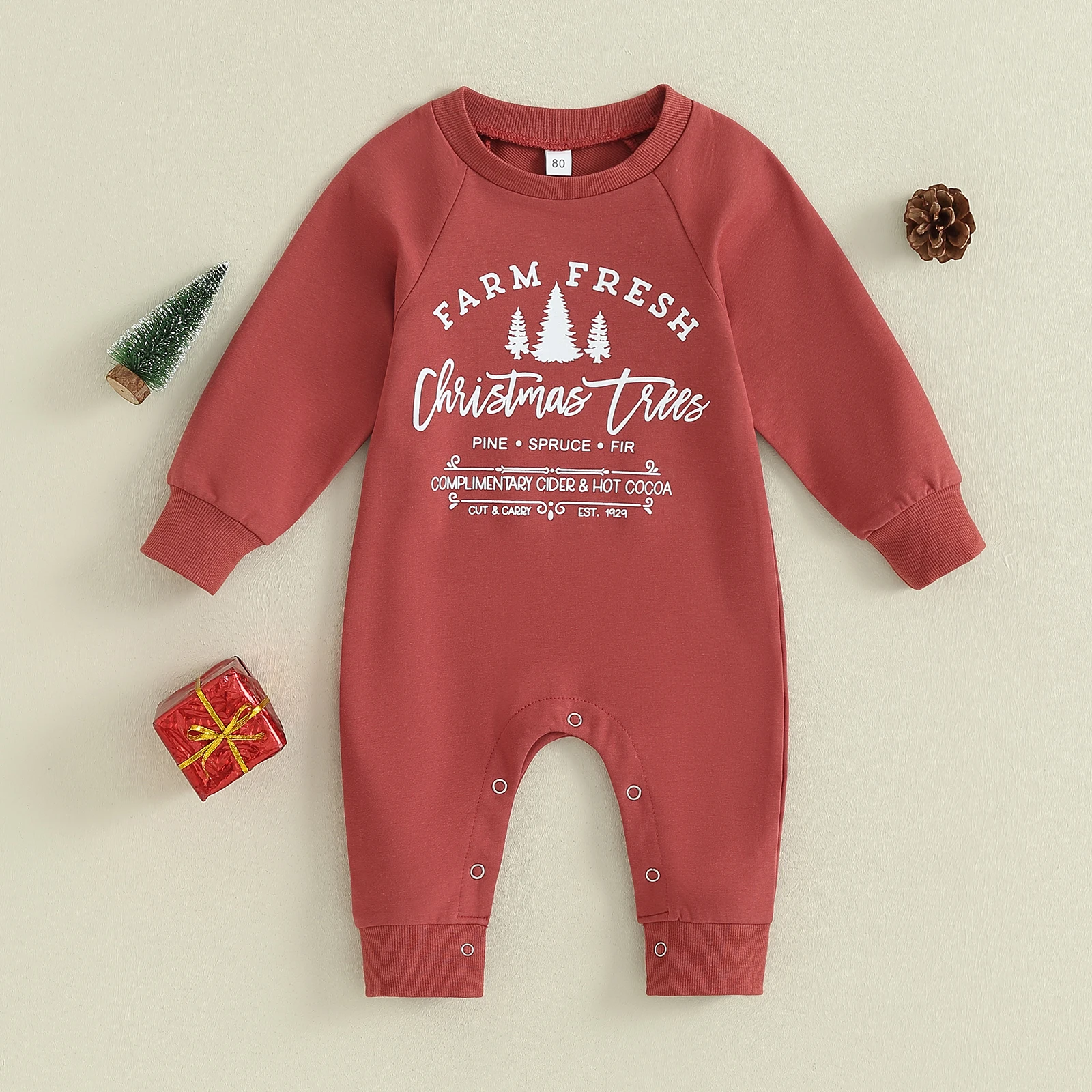

Детский комбинезон BeQeuewll с длинным рукавом, с буквенным принтом дерева, Рождественский комбинезон, одежда для девочек и мальчиков от 0 до 18 месяцев