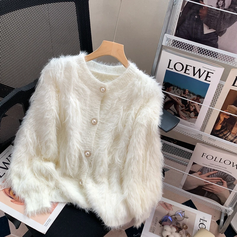 

Свитер из искусственной норки и кашемира, кардиганы, женские пальто, Мягкий Топ в Корейском стиле с пышными рукавами, осенне-зимние белые вязаные куртки