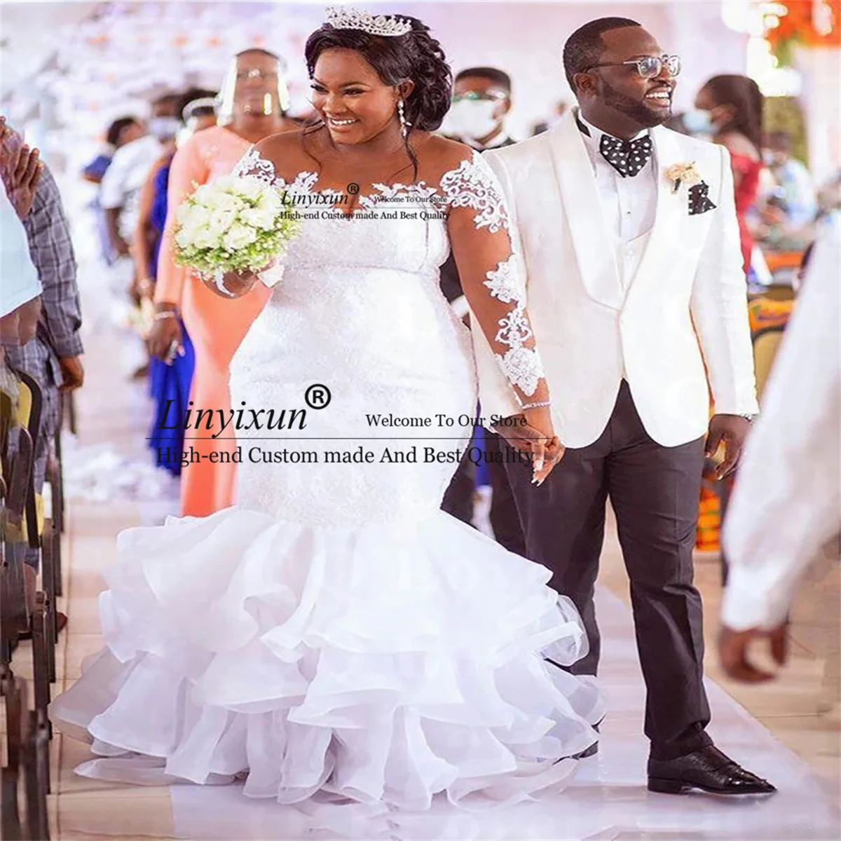

African Plus Size Mermaid Wedding Dress With Appliques Long Sleeve Lace Bridal Gowns Organza Ruffles Nigeria Vestidos De Novia