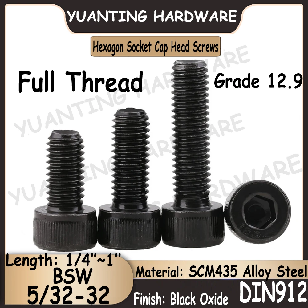 

10Pcs BSW 5/32-32 DIN912 Grade 12.9 Alloy Steel Black Oxide Hexagon Socket Knurled Cap Head Screw Cap Head Bolt with Full Thread