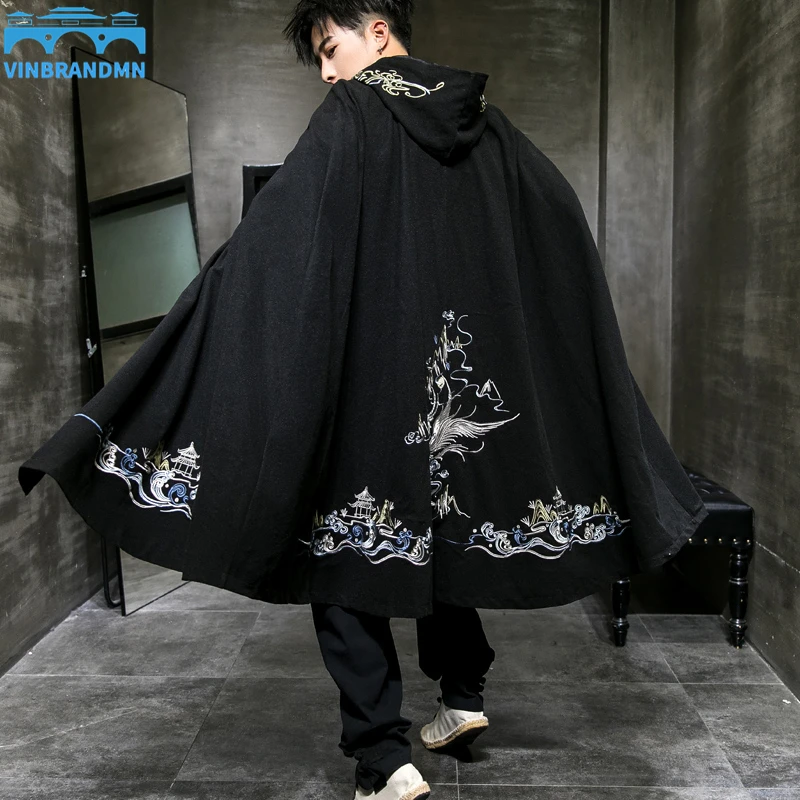 

Осенняя мужская одежда в китайском стиле средней длины накидка с вышивкой даопао ханьфу плащ с капюшоном Волшебная накидка черное пальто Aura Field