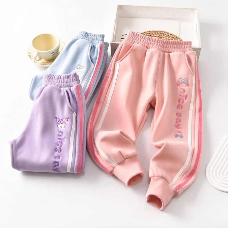 

New Sanrio My Melody Kuromi Cinnamoroll Children's Plus Velvet Pants Autumn and Winter Cute Thickened Sports Casual Trousers