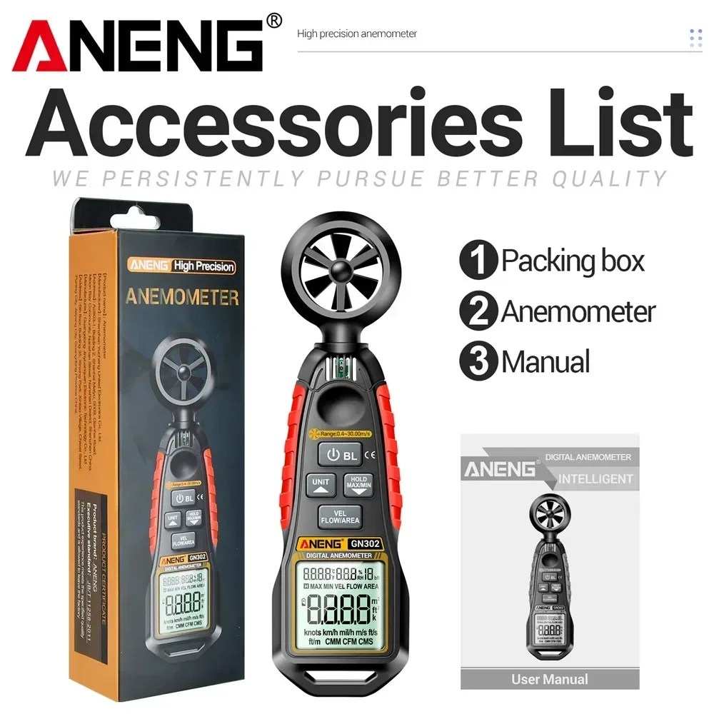 

ANENG GN302 Anemometro тахометр 9999 шт. 0,4 ~ 30,00 м/с ветровой ручной цифровой измеритель скорости -20,0C ~ 60,0C тестер температуры