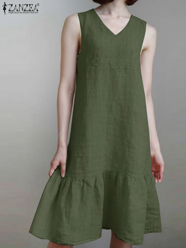 

Женский Повседневный однотонный свободный сарафан ZANZEA 2023 с V-образным вырезом, пляжные майки с оборками на подоле, модное летнее платье до колена без рукавов