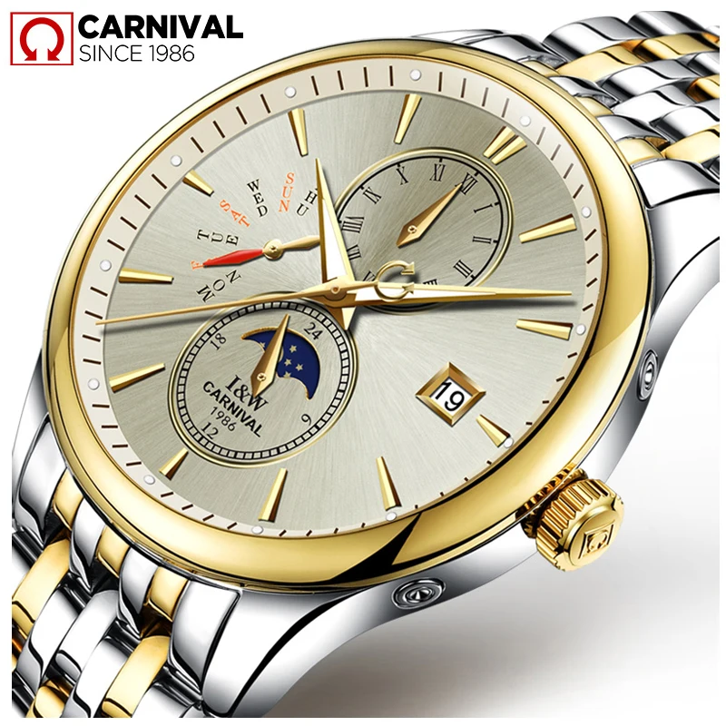 

CARNIVAL Top Luxury Brand Waterproof Automatic Mechanical Watch Men Steel Strap Moon Phase Luminous Men's Watches Reloj Hombre