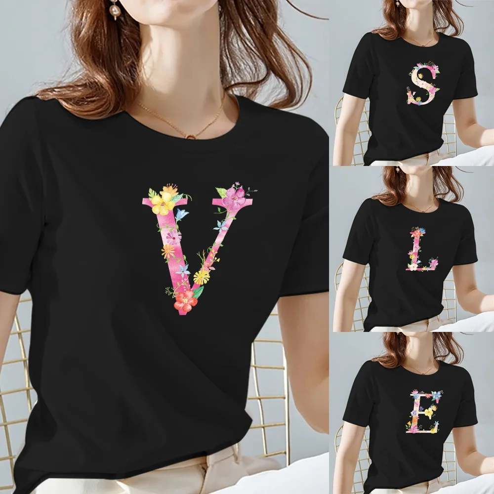 

T Shirt Ladies Round Neck Tee Short Sleeve Black Simple Pink Letter Name Print Summer Fashion Casual Women Top TShirt