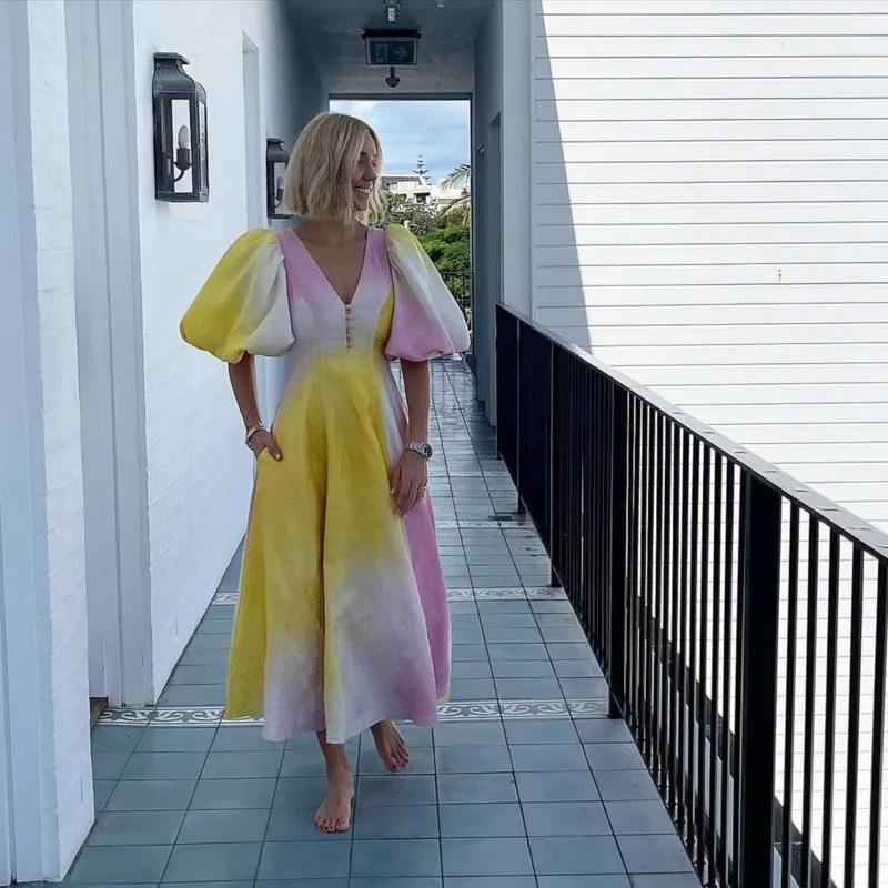 

2023 Rainbow Holiday Dress Women Short Lantern Sleeve V-neck Fashion High Waist Dresses Sweet Girl Summer A-line Backless Dress