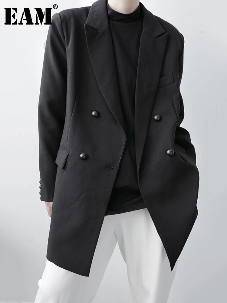 

[EAM] Women Black Double Breasted Big Size Blazer New Lapel Long Sleeve Loose Fit Jacket Fashion Spring Autumn 2023 1DF0899