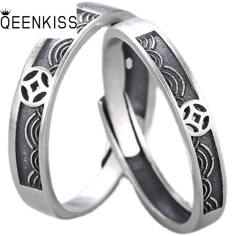 

QEENKISS RG6734 Jewelry Wholesale Fashion Couple Lovers Birthday Wedding Gift Retro Round Money 925 Sterling Silver Open Ring
