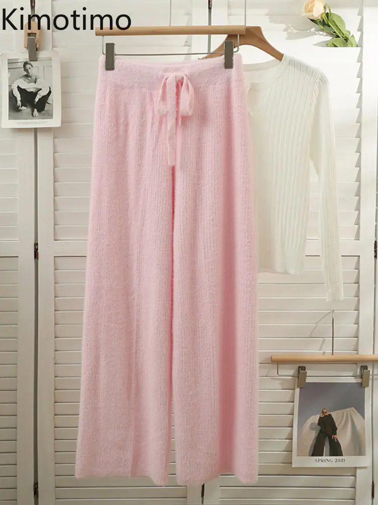 

Осенние трикотажные брюки Kimotimo 2022, женские плюшевые широкие брюки с поясом на шнурке, свободные универсальные прямые брюки в Корейском стил...