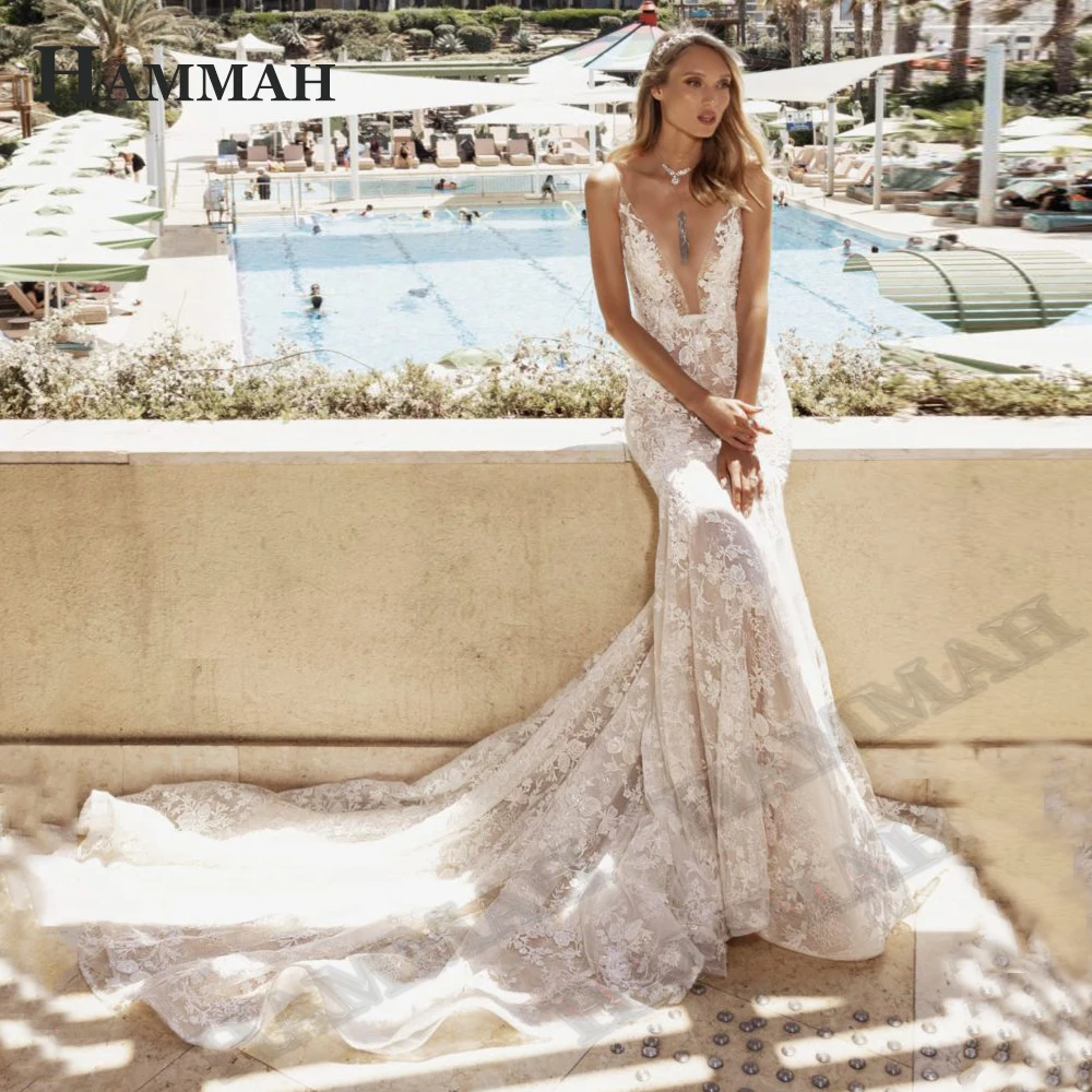 

HAMMAH Glamorous Trumpet Wedding Gown For Women 2023 Bride Sexy Illusion Deep V Neck Sleeveless Lace Appliques Brush Train