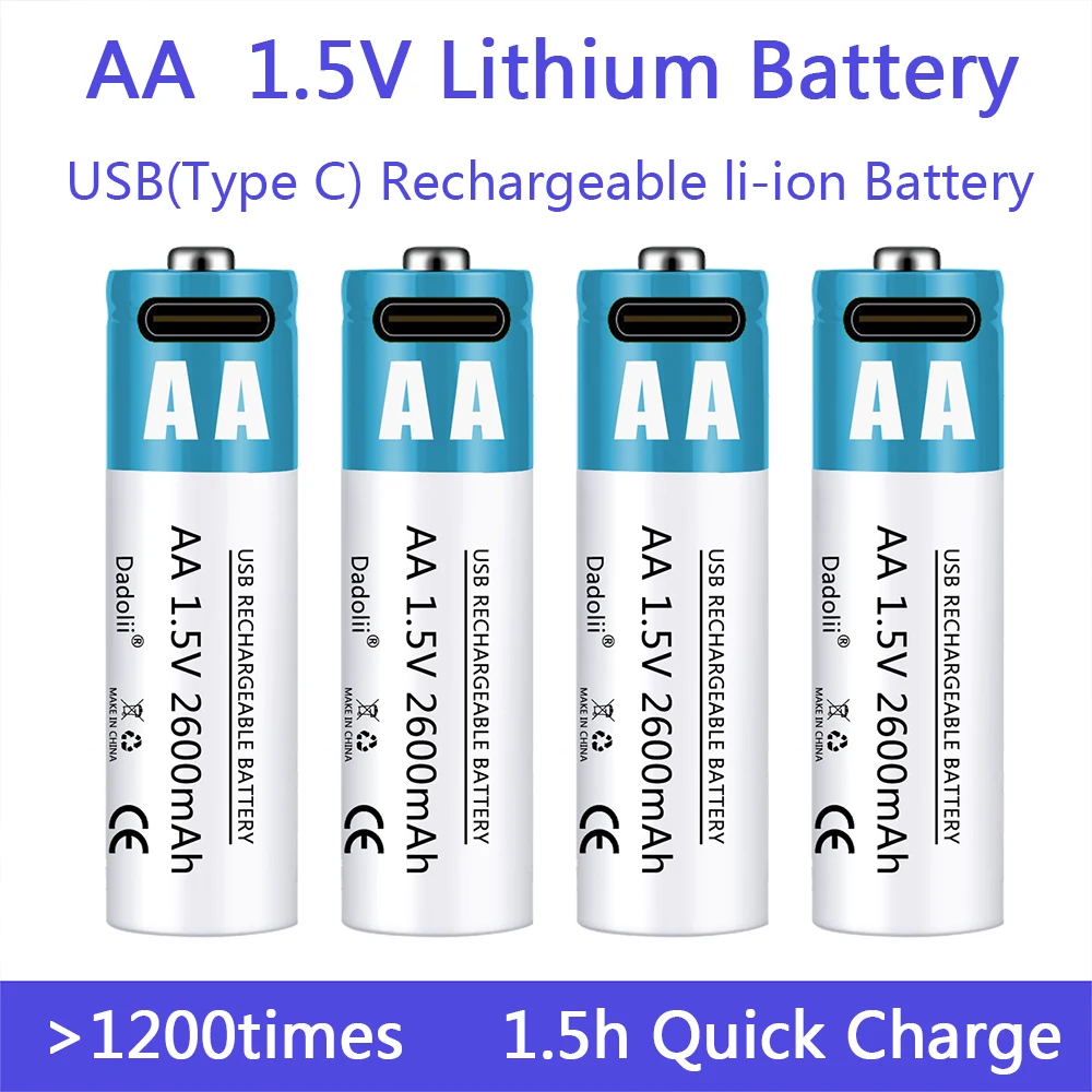 

AA Battery 1.5V AA 2600mAh USB rechargeable li-ion battery for remote control mouse small fan Electric toy battery + Cable