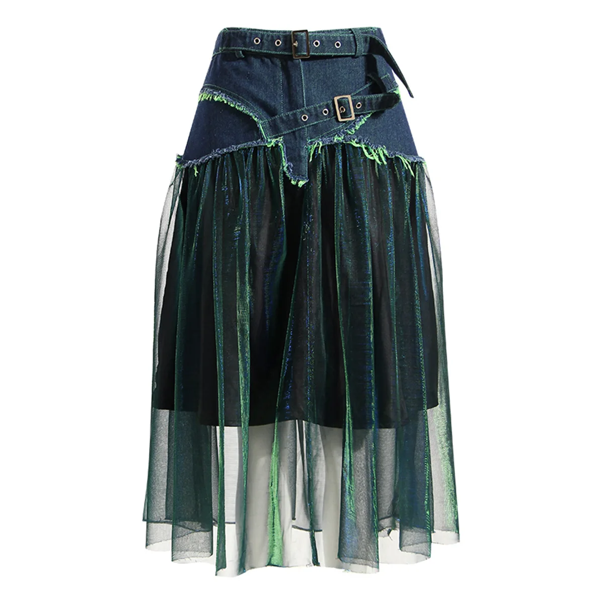 

SuperAen High Street Design Summer New Denim Stitching Colorful Gauze Skirt Contrast High Waist Slim Long A-line Skirt.