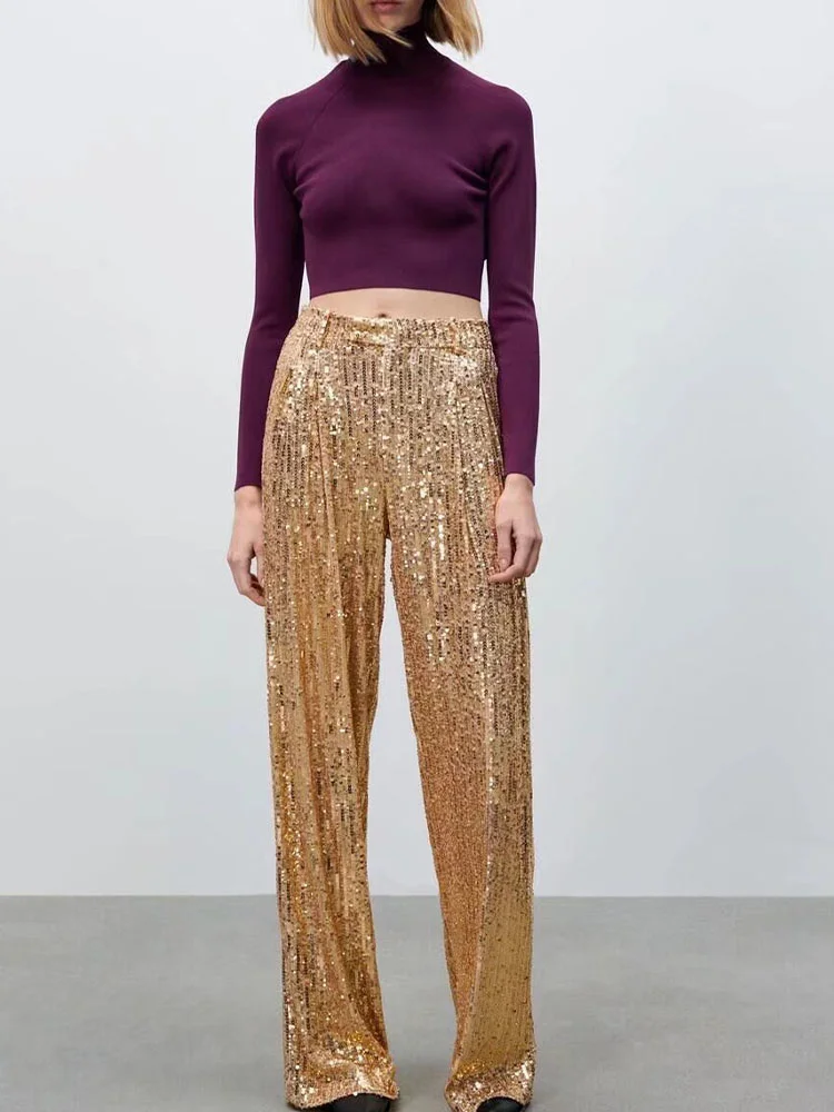 

2022new fashion temperament all-match sequin decoration high waist loose casual straight wide leg trousers women