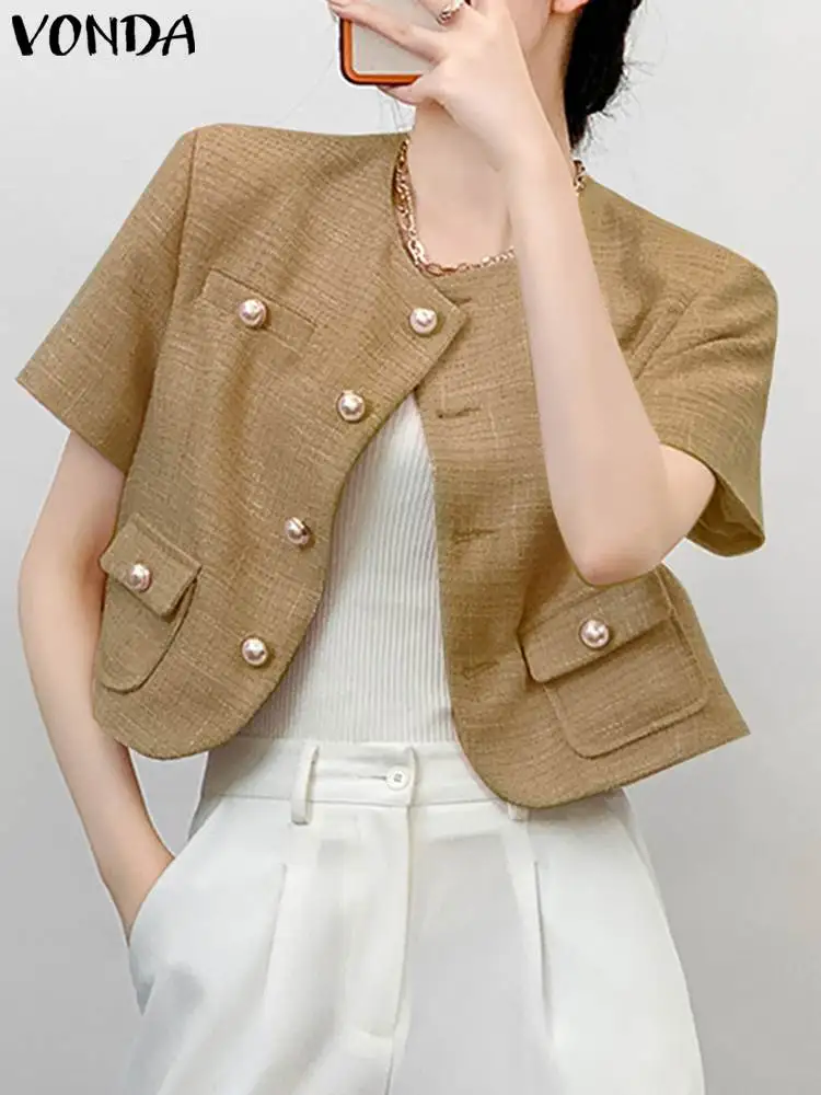 

Пиджак VONDA женский с круглым вырезом, элегантный офисный Повседневный свободный однотонный Блейзер на пуговицах, с коротким рукавом, уличная одежда, 2023