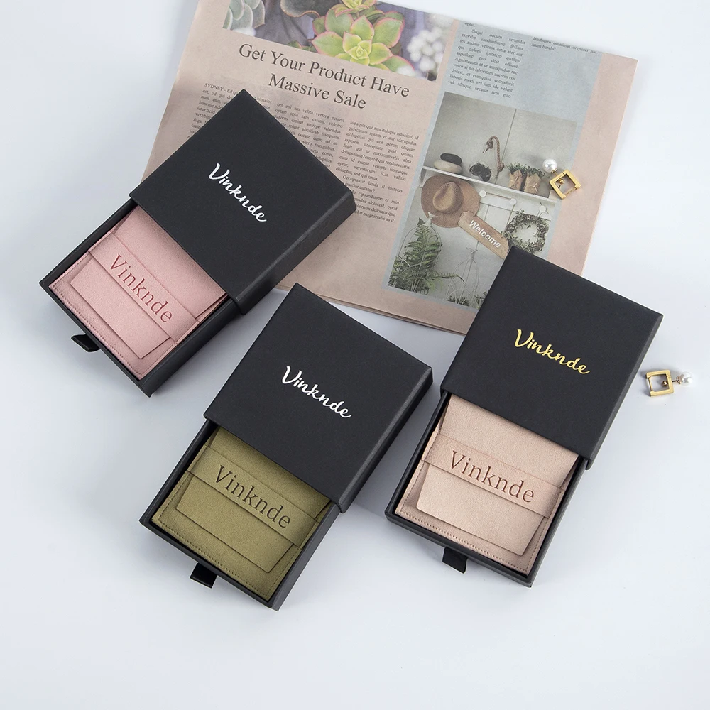 

Wholesale Customized Logo Sliding Pull Out Black Kraft Paper Drawer Gift Jewelry Box With Microfiber Suede Bag For Ring Earring