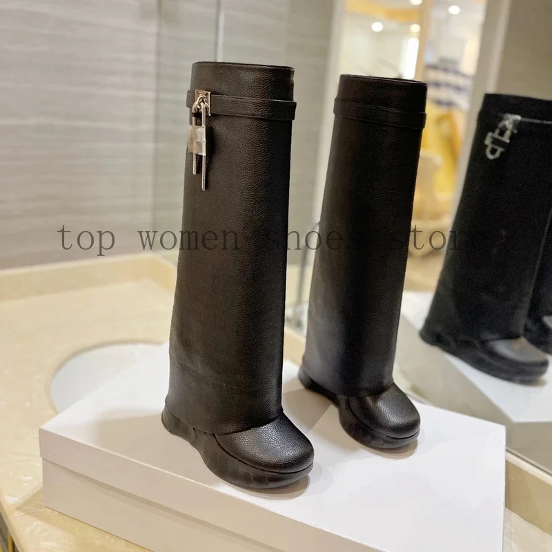 Сапоги до колена из натуральной кожи с круглым носком на танкетке в уличном стиле