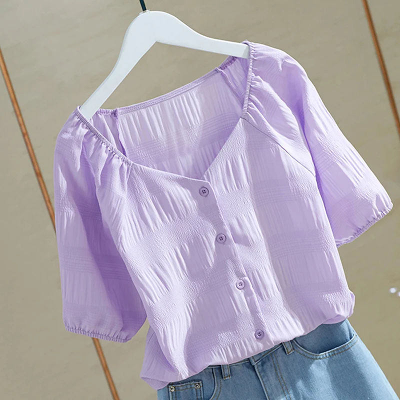 

Korean Fashion Summer Shirts Woman Casual V Neck Puff Sleeve Blouse For Women Elegant Top Female JNF51