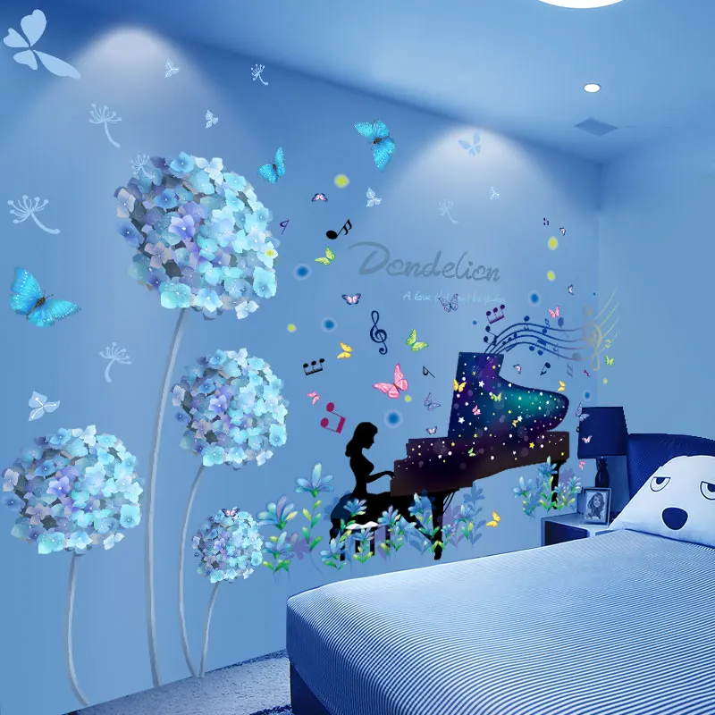 

[SHIJUEHEZI] Piano Girl Wall Stickers DIY Flower Plants Mural Decals for Kids Bedroom Living Room Kitchen Home Decoration