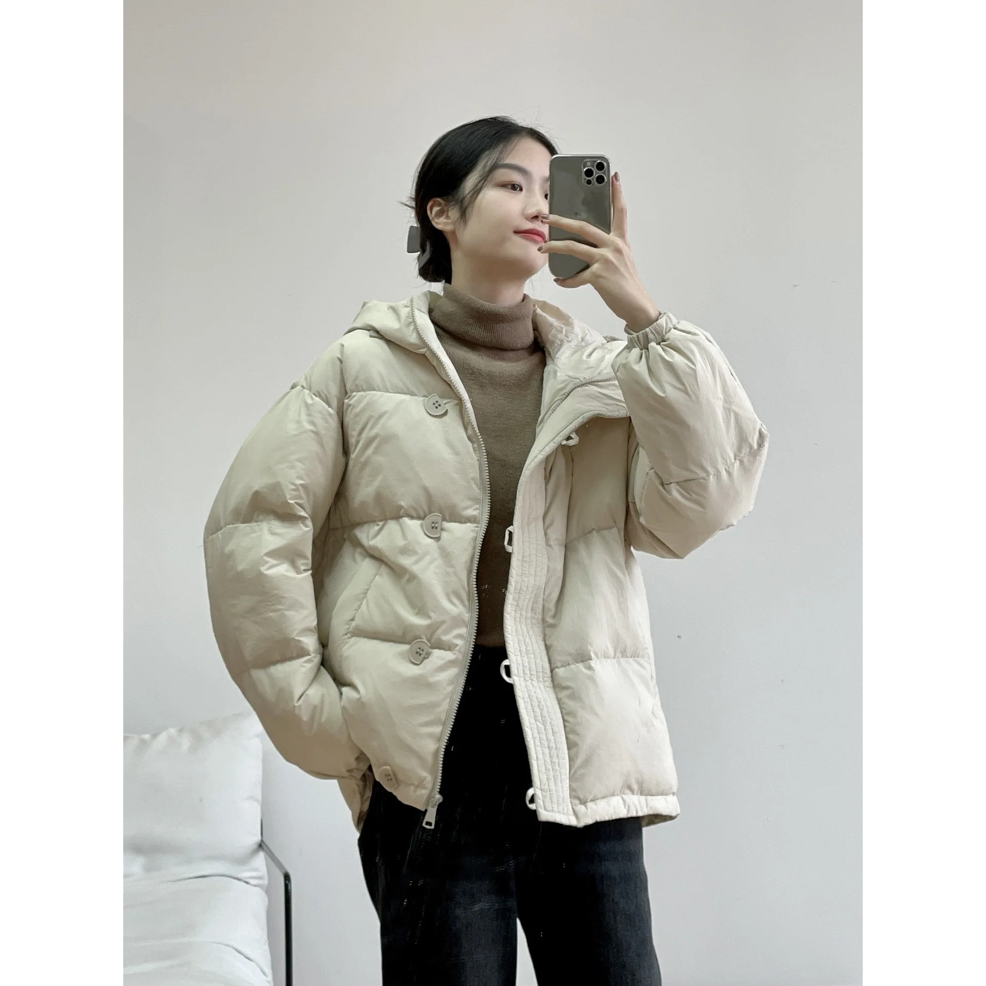 Thickened 90 white duck down loose slim hooded bread clothing down jacket female winter