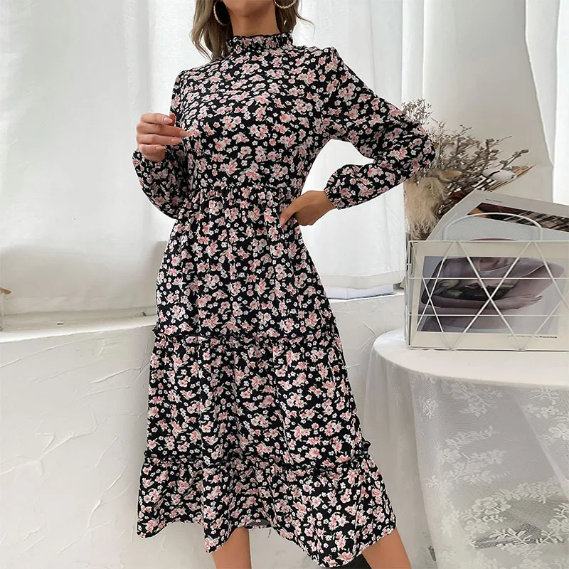 

New Products Fall 2021 Middle East Women's Hedging Commuter Long Sleeve Mid-length Half High Neck Pleated Printed A-line Dress