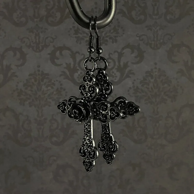 

Black Filigree Cross with Rose Detail Traditional Jewelry Ornate Cross Pendant Earrings Victorian Gothic Jewelry Gift