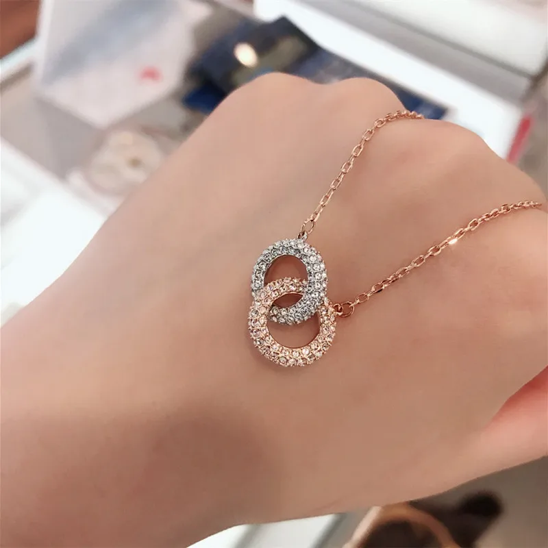 

Новое ожерелье для женщин двухцветное двойное кольцо с кристаллами от Swarovski Бисер для транспортировки цепочка до ключиц для женщин ювелирные изделия