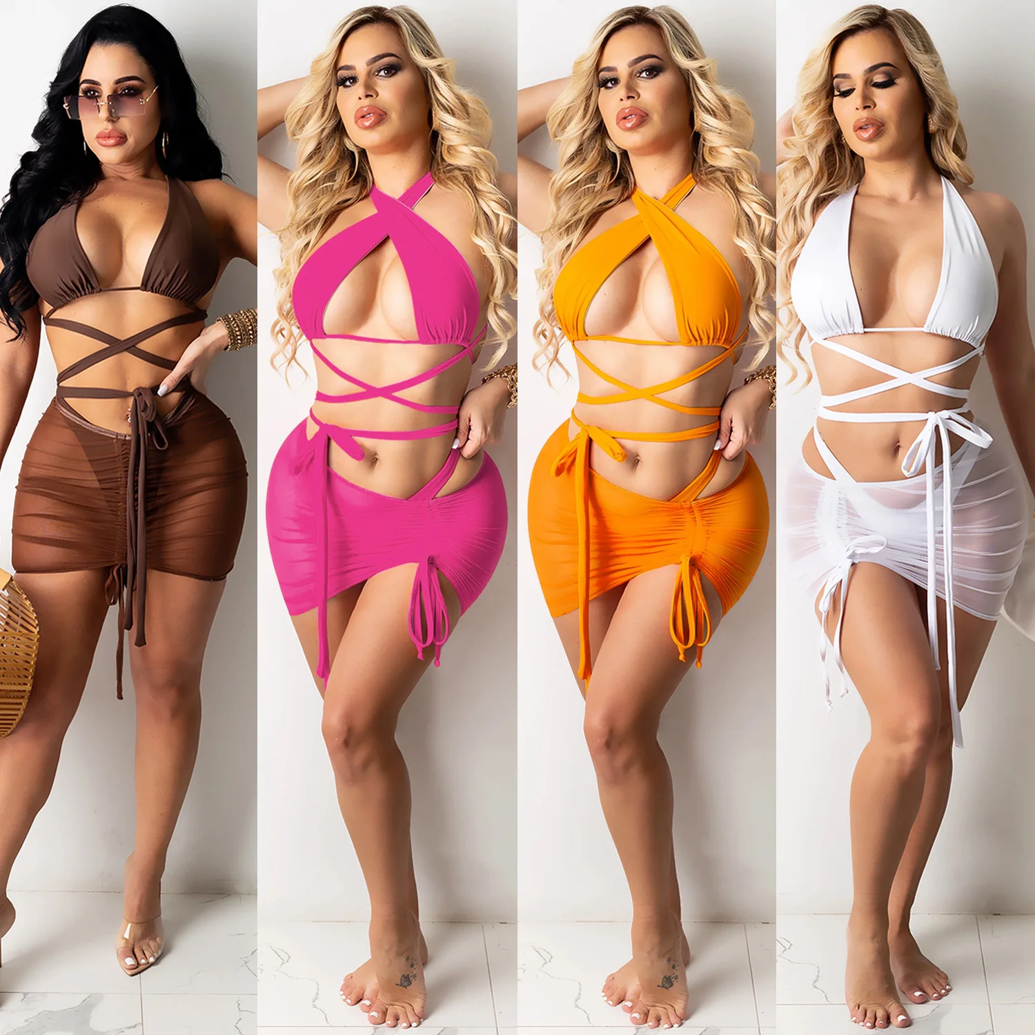 

Women's Sexy Bandage Bikini Summer 3Piece Set Lace Up Mesh Sheer Hollow Out Beach Mini Skirt Sets Sexy Backless Fashion Swimwear