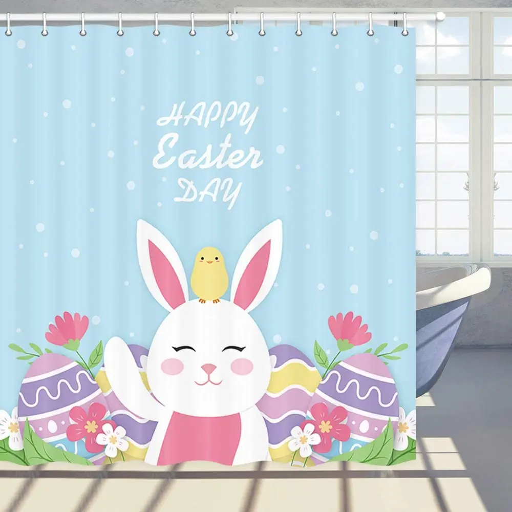 

Занавеска для душа Happy Easter с курицей, Кроликом, цветами и красочными яйцами, занавеска из полиэстера для ванной комнаты, занавеска с крючками