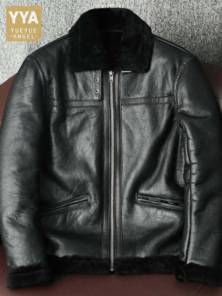 

Мужские байкерские пальто, зимнее пальто из овчины, Толстая теплая куртка с подкладкой из натурального меха, мужская куртка-пилот из натура...