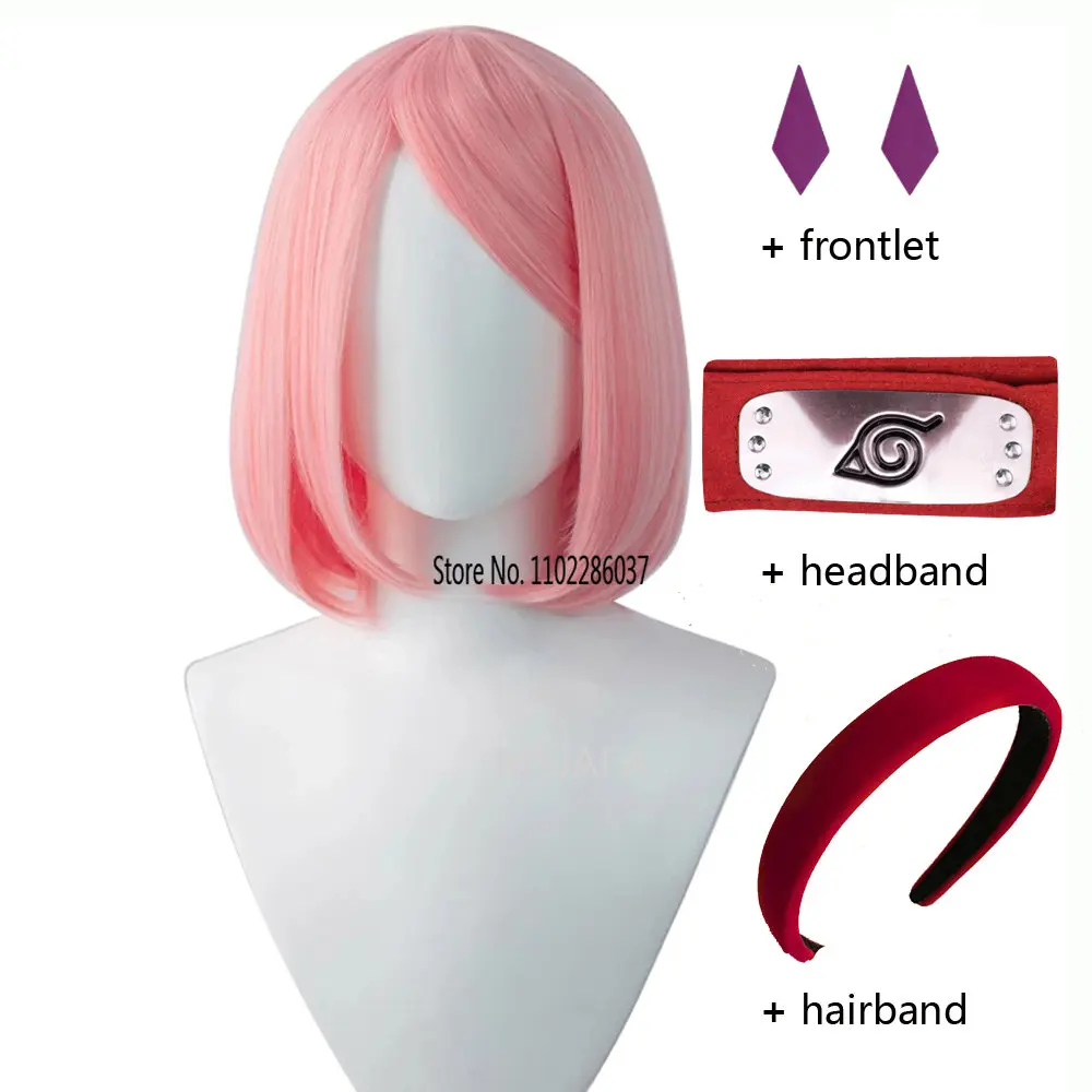 

Парик для косплея из аниме Haruno Sakura, розовые термостойкие синтетические волосы, парики с татуировкой спереди, повязка на голову