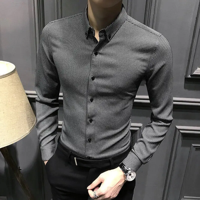 English Plaid Shirt Men's Korean Business Long Sleeve Slim Shirt Fashion Casual Men's Top