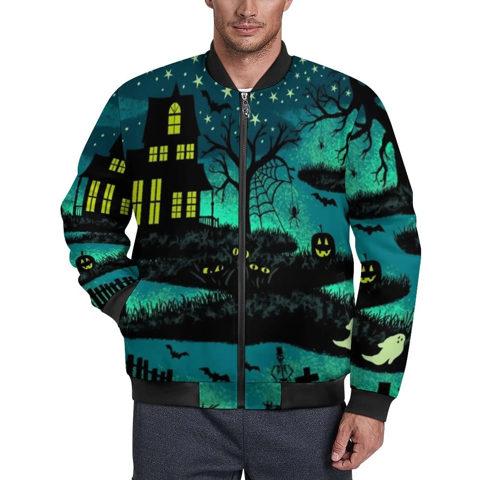 

Magical Halloween Night Jackets Autumn Black Bats Print Retro Casual Coats Men Zipper Loose Windbreakers Custom Oversized Jacket
