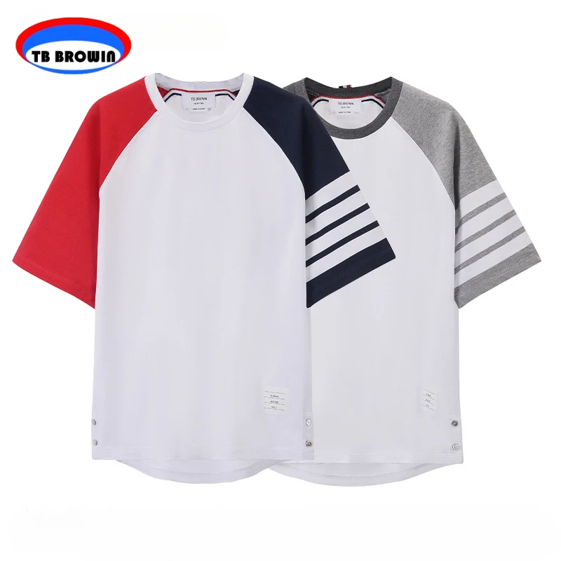 

TB BROWIN Men's T-shirt Summer Fashion Patchwork Bat Sleeve Short Sleeve Tops Casual Four Bar Stripes Pure Cotton Tees Clothing