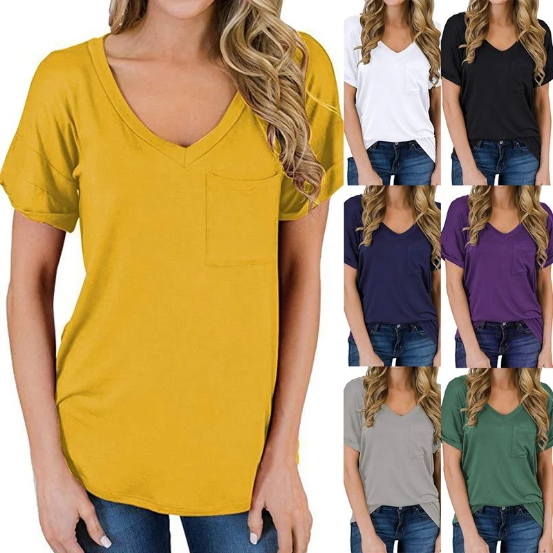 

Women's Casual Top Short Sleeve V-Neck Shirt Loose Tops Basic T-Shirt