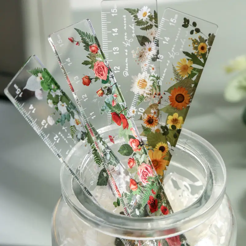 

15cm Ins Acrylic Flowers Ruler Transparent Plastic Straight Measuring Rule Bookmark Stationery Office School Supplies