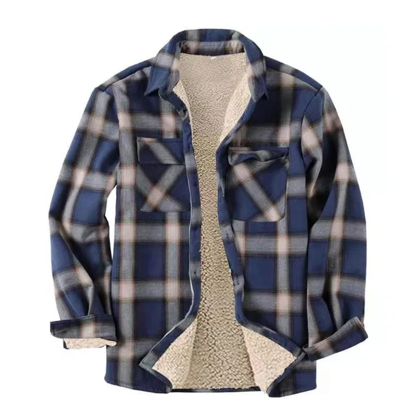 

Casual camisas de hombre Winter Thick Plaid Shirts For Men Long Sleeve Sherpa Lined Shirt Fleece Jacket
