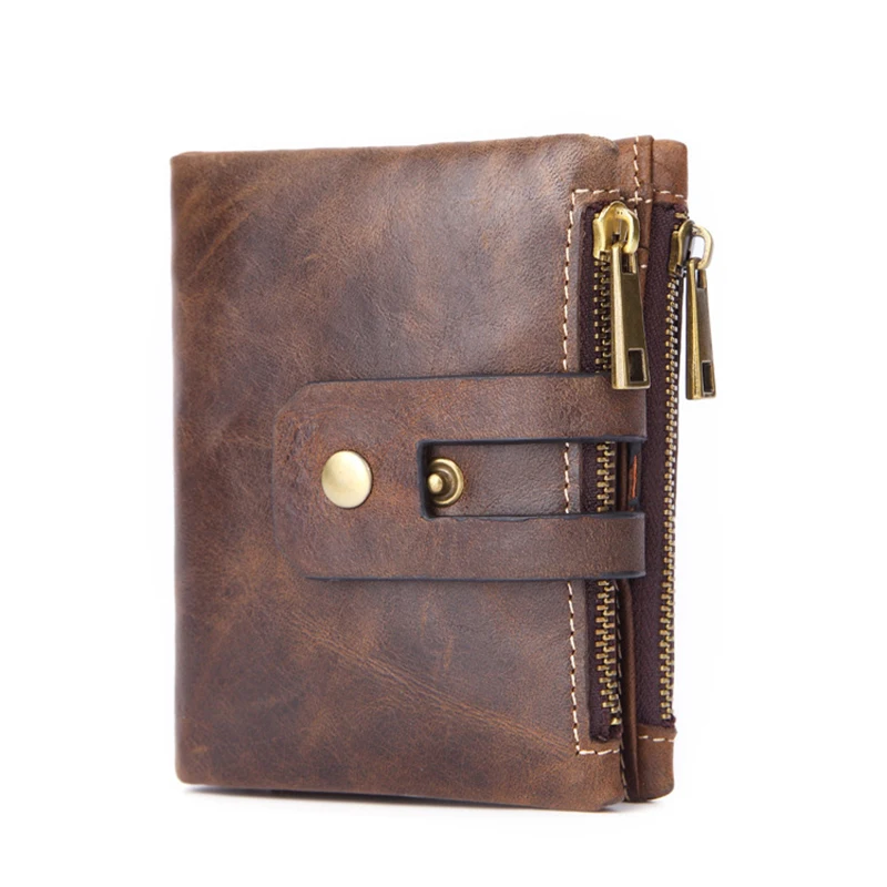 Classic Genuine Leather Men's Wallets Double Zipper Pocket Buckle Luxury Designer Wallet for Men Purse Gift Card Holder