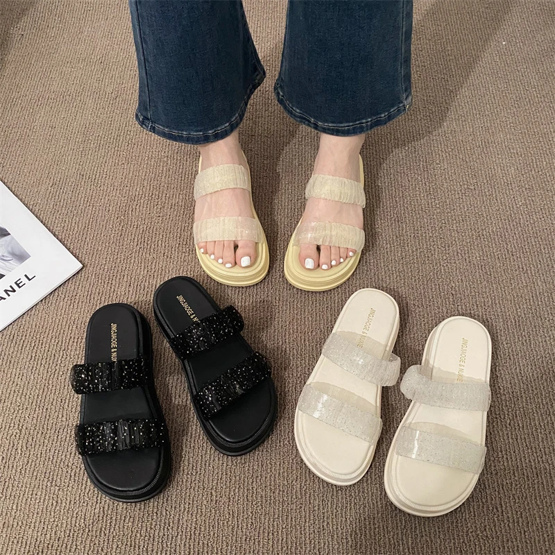 Summer Open Toe Women Slippers Fashion Slip On Platform Flats Thick Sole Sandalias Ladies Elgant Beach Vacation Slides Flip Flop