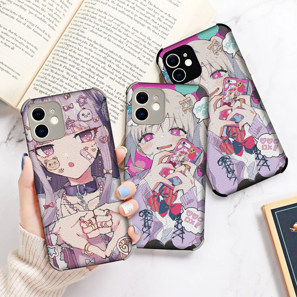 Чехол для телефона из ягненочьей кожи с четырьмя углами для защиты от ударов для IPhone13 12 11 Pro Mini XR X XS Max 7 8Plus SE2020 с милой аниме-девушкой на мягкой обложке.
