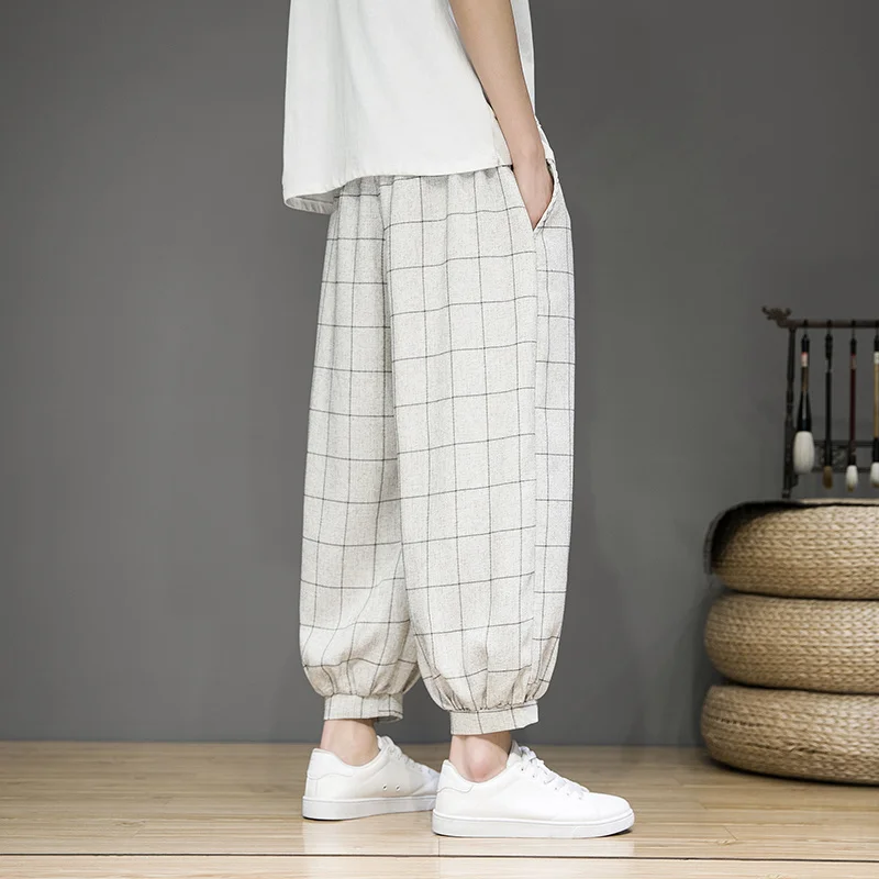 

MrGB 2023 New Men's Cotton Hemp Drawstring Harem Pants Baggy Chinese Style Trend Checker Casual Pant Male Summer Streetwear