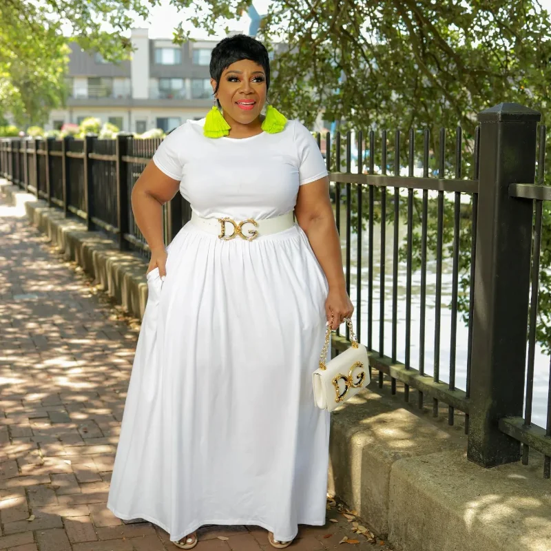 

Solid Plus Size Maxi Dress Elegant Women Short Sleeve Pocket A-line Dresses Office Lady Clothing Vestidos Streetwear
