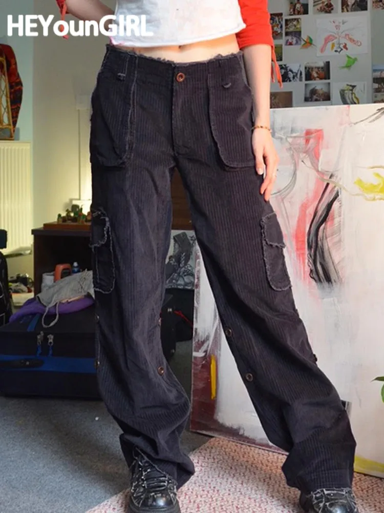 

Темно-фиолетовые вельветовые широкие брюки HEYounGIRL с заниженной талией и карманами Дизайнерские повседневные Модные свободные спортивные б...