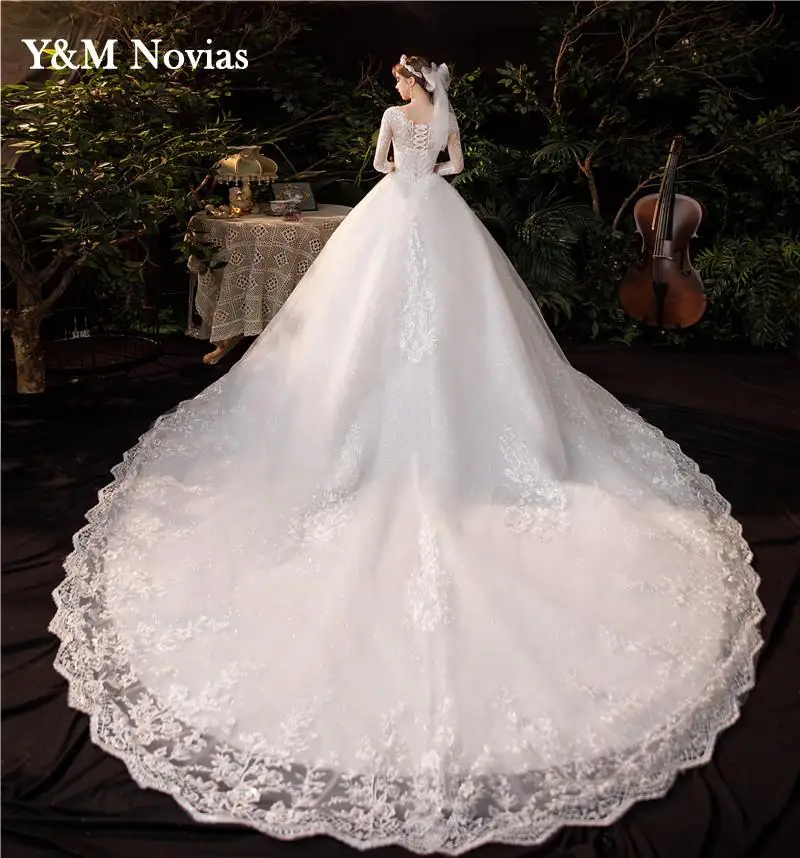 Новинка роскошные длинные кружевные платья Y & M Novias аппликация с рукавом