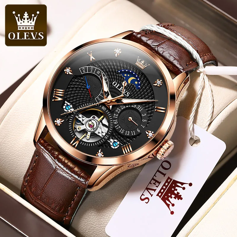OLEVS Mens Watches Automatic Mechanical Watch Tourbillon Casual Clock Leather Strap Men Fashion Business Watch Vintage Reloj