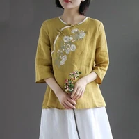 women spring summer retro buckle shirt top japanese style embroidery three quarter sleeve floral shirts