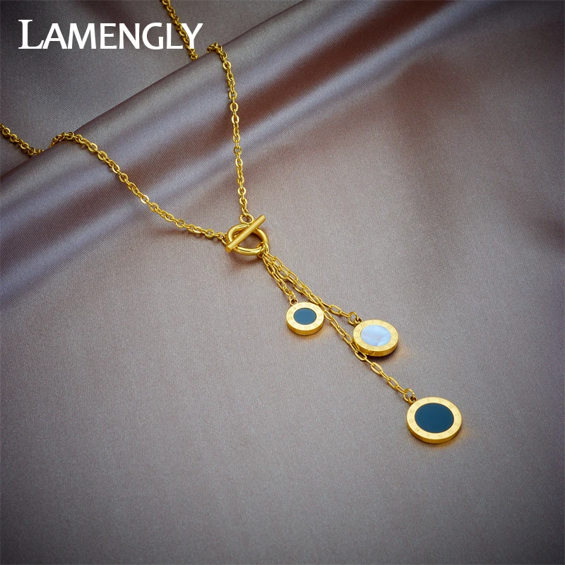 

LAMENGLY 316L Stainless Steel Round Roman Numeral Pendant Necklace For Women Girl New Clavicle Chain Non-fading Jewelry Gift