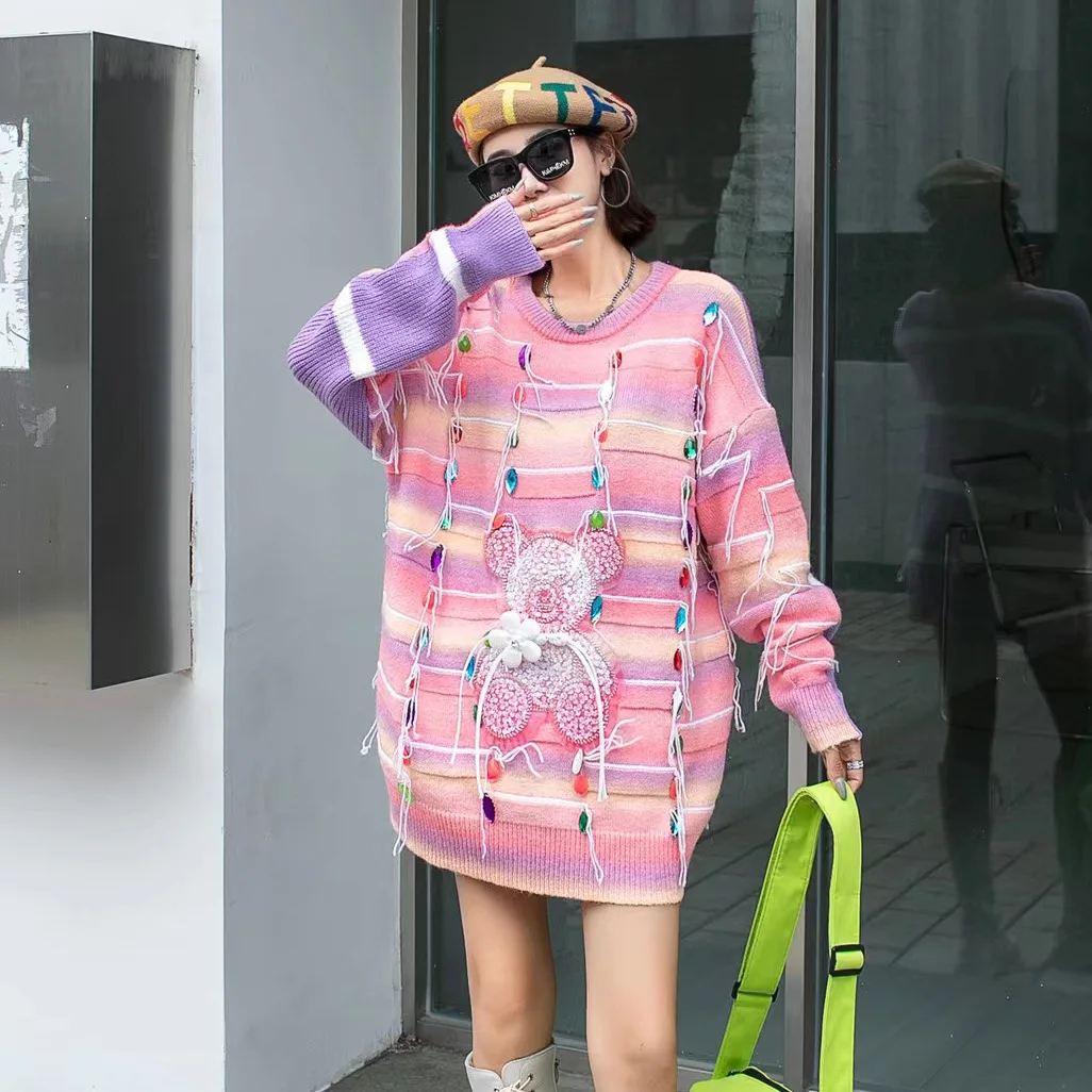 

Длинный свитер с милым мультяшным медведем, женская уличная одежда Y2K, милый Свободный пуловер с рисунком летней ленты