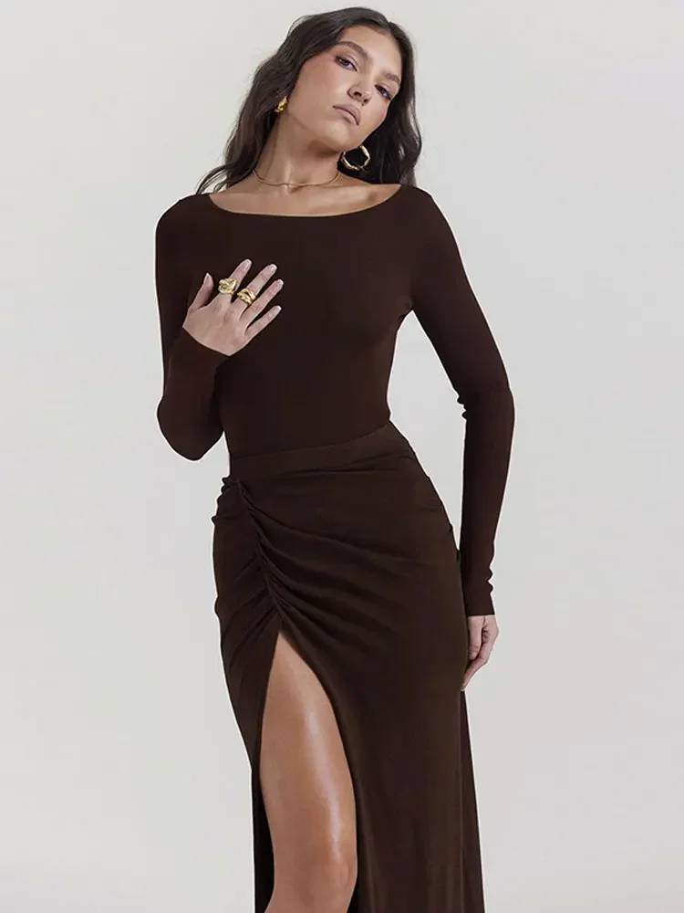 

Elegant Split Pleated Women Maxi Dress Fashion O-neck Long Sleeve Bodycon Dresses Female Solid Asymmetric Back Hollow Out Robe