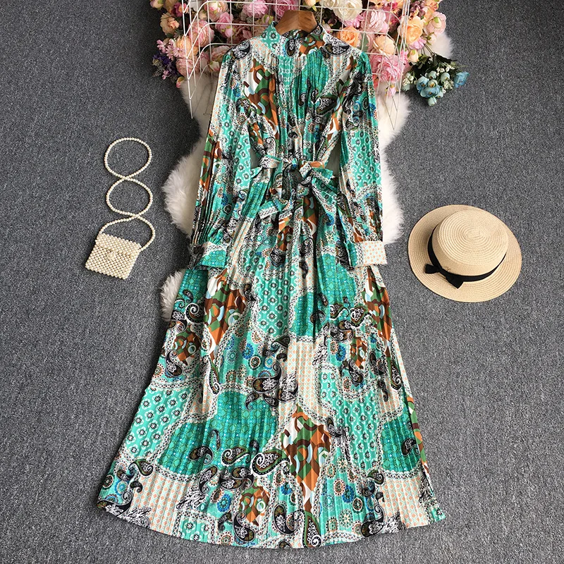 

Floral Print Vintage Stand Collar Long Sleeve Pleated Dress Women Boho Basics Elegant Birthday Long Maxi Wedding Dresses Robe